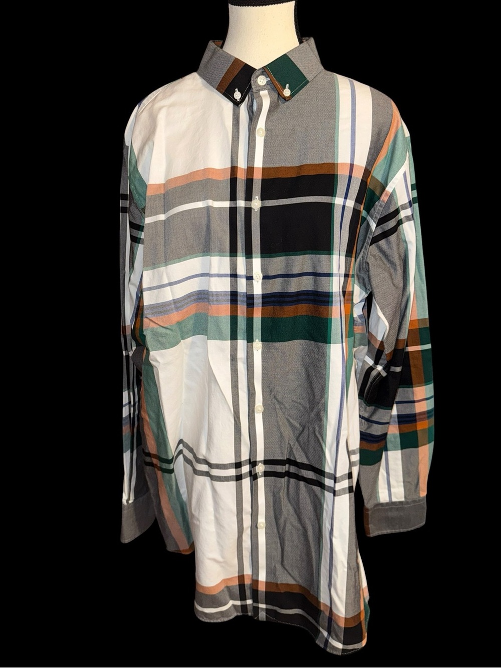 Murano Mens XL Plaid Button Down Shirt Long Sleeve Green Gray Orange Casual